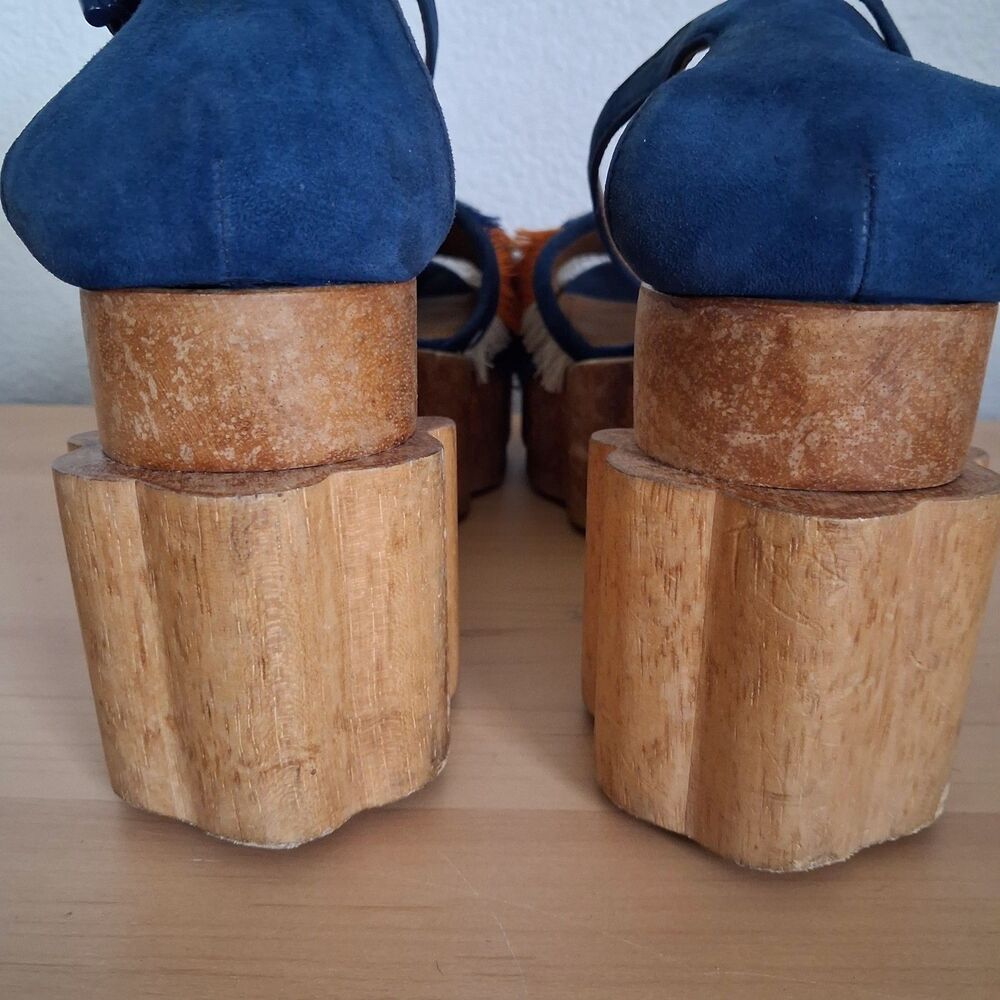 Tory Burch Fringe Platform Sandals Blue Suede SZ 8M Chunky Wood Buckle Strap - Picture 5 of 8